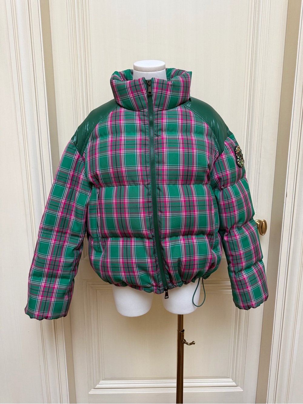 Moncler Green and Pink Plaid Quilted Puffer Jacket